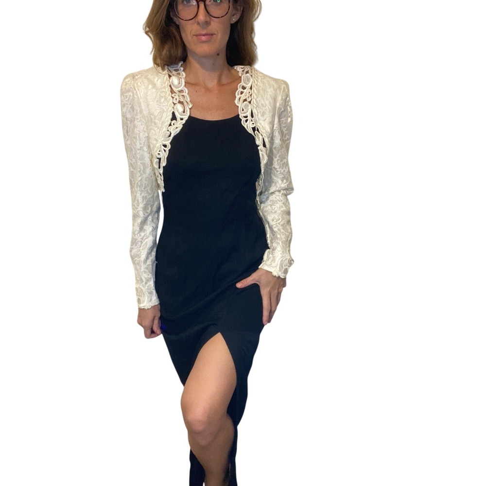 Vintage Scott McClintock Black & White Long Sleeve Lace Trim Gown Dress Size 10